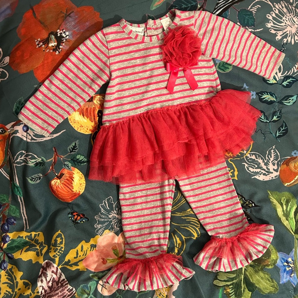 Babyrageous Pink and Gray Striped Baby Outfit w/ Tulle Skirt 6 Months Like New